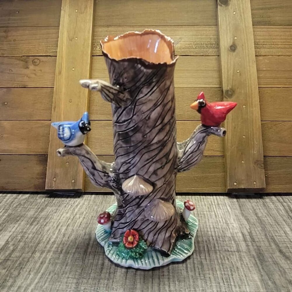 Beautiful Feathered Friends Ceramic Tree Vase. Rare One of a kind.